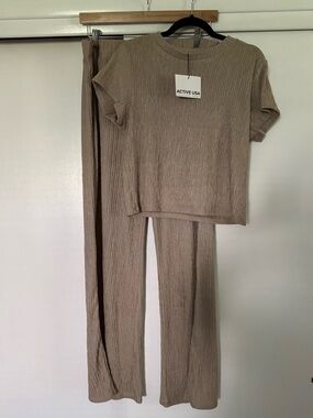 Active USA Ribbed Two-Piece Wide-Leg Lounge Set in Taupe